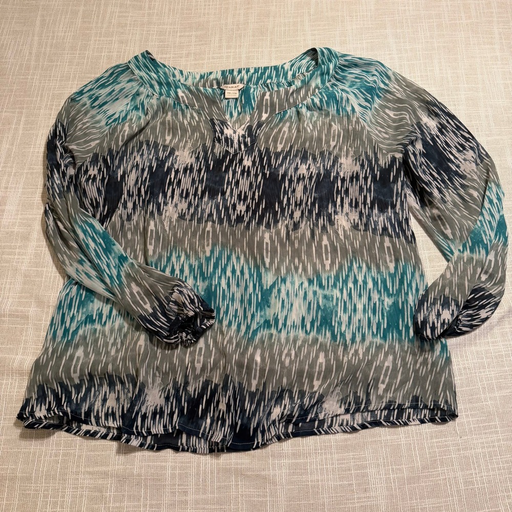Ariat Womens XXL Teal Navy Abstract Ikat Print Split Neck Long Sleeve Blouse